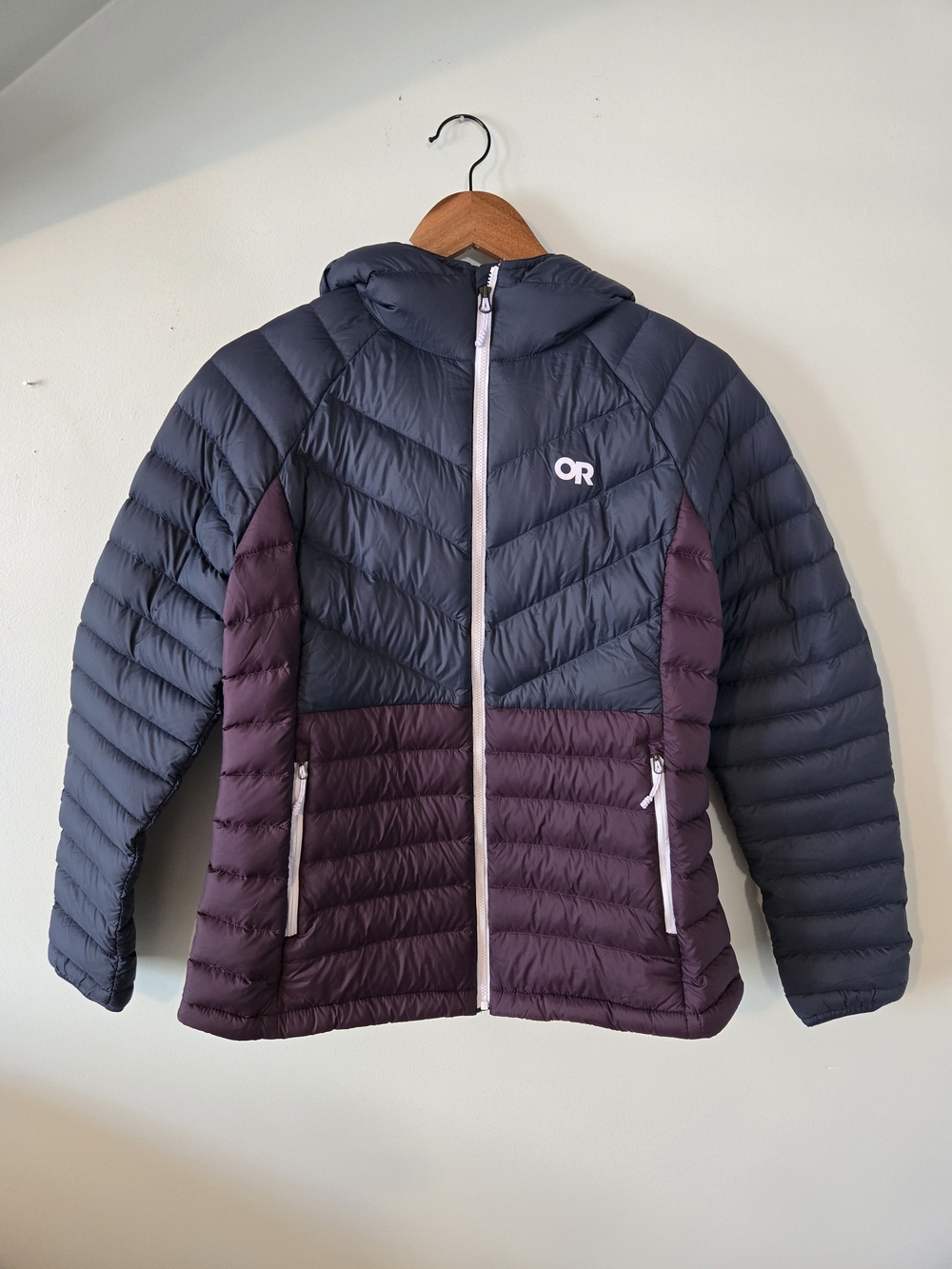 Outdoor Research Transcendent Down Hooded Puffer Jacket in Navy & Plum